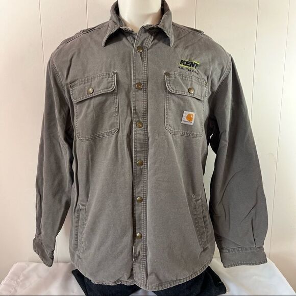 Carhartt Canvas Shirt Jacket Gray Flannel Lined Snaps 100590 Size XL Embroidered - Picture 1 of 9